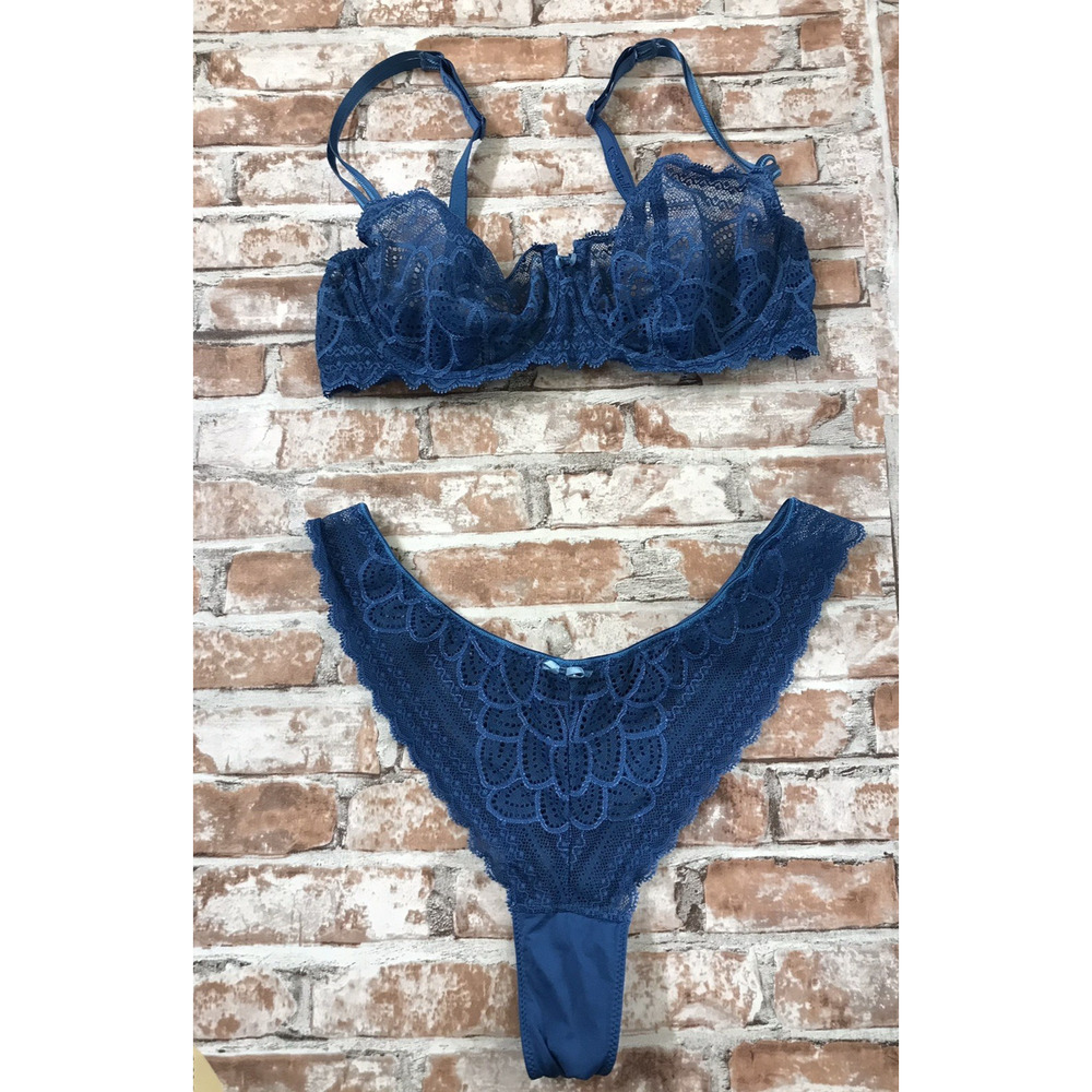 CHANTELLE Vgt 2 PC Romantic Lace Thong Soft Bow Bra & Tanga Blue Med High Waist